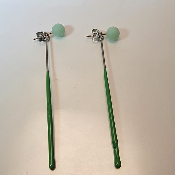 Mint Green Ceramic Barbell Earrings with Stainless Steel Posts, Minimalist - Picture 2 of 10